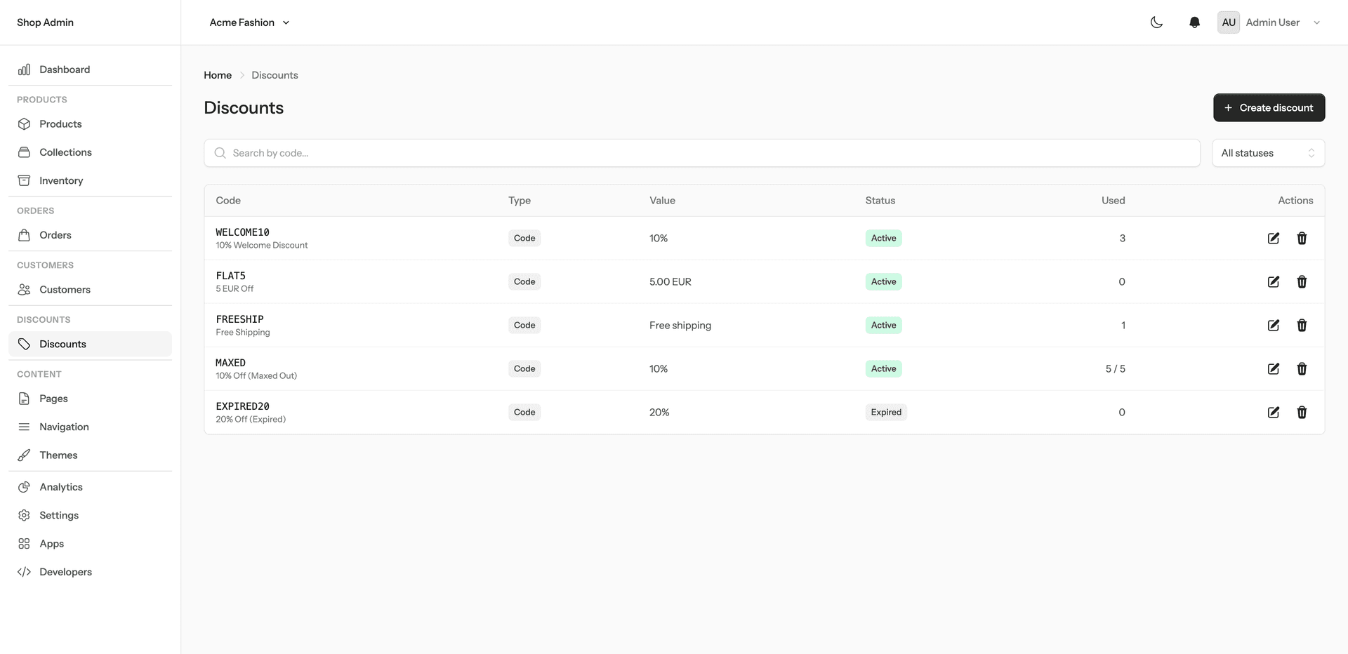 Admin discount codes management
