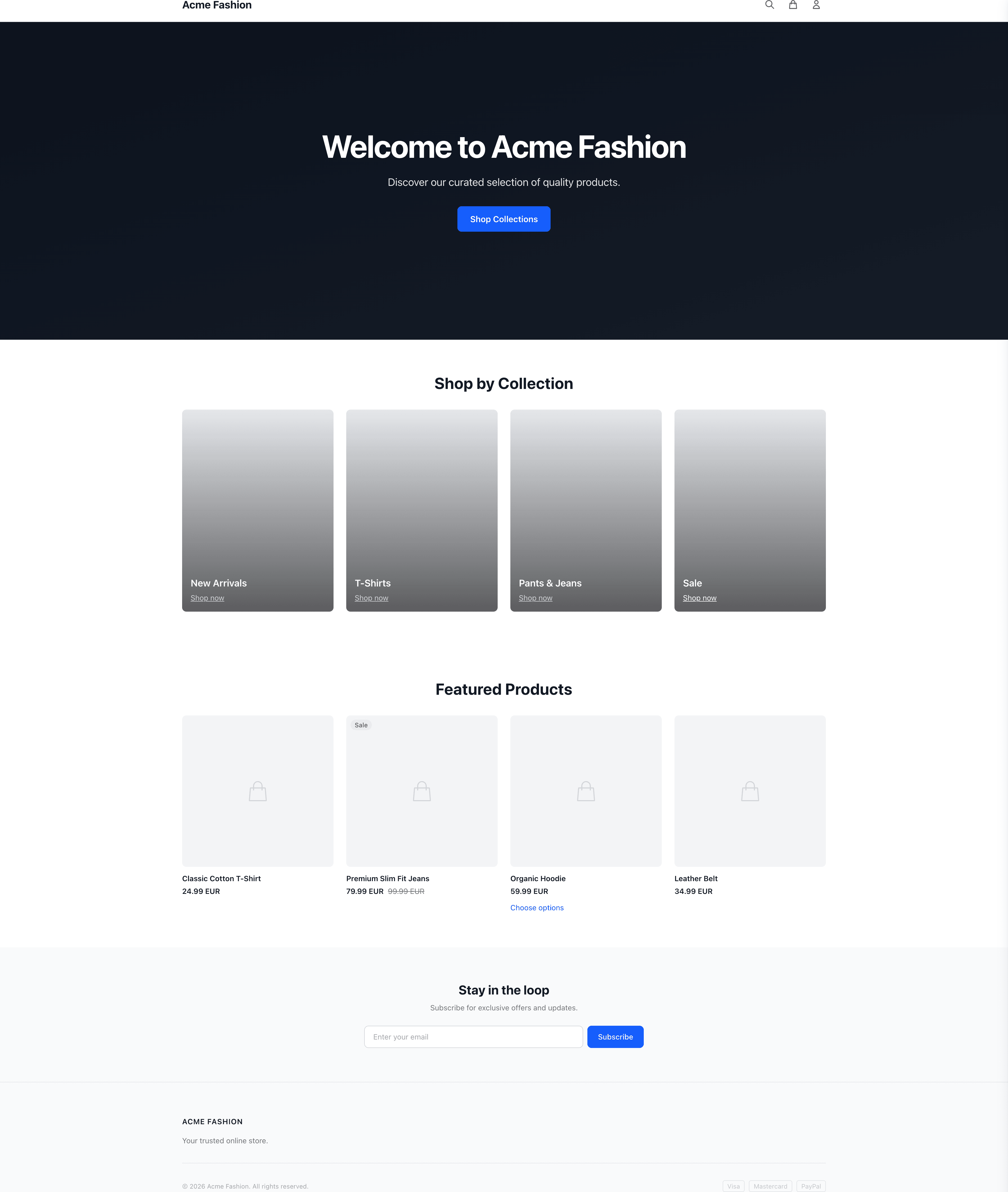 Shop homepage with collections and featured products