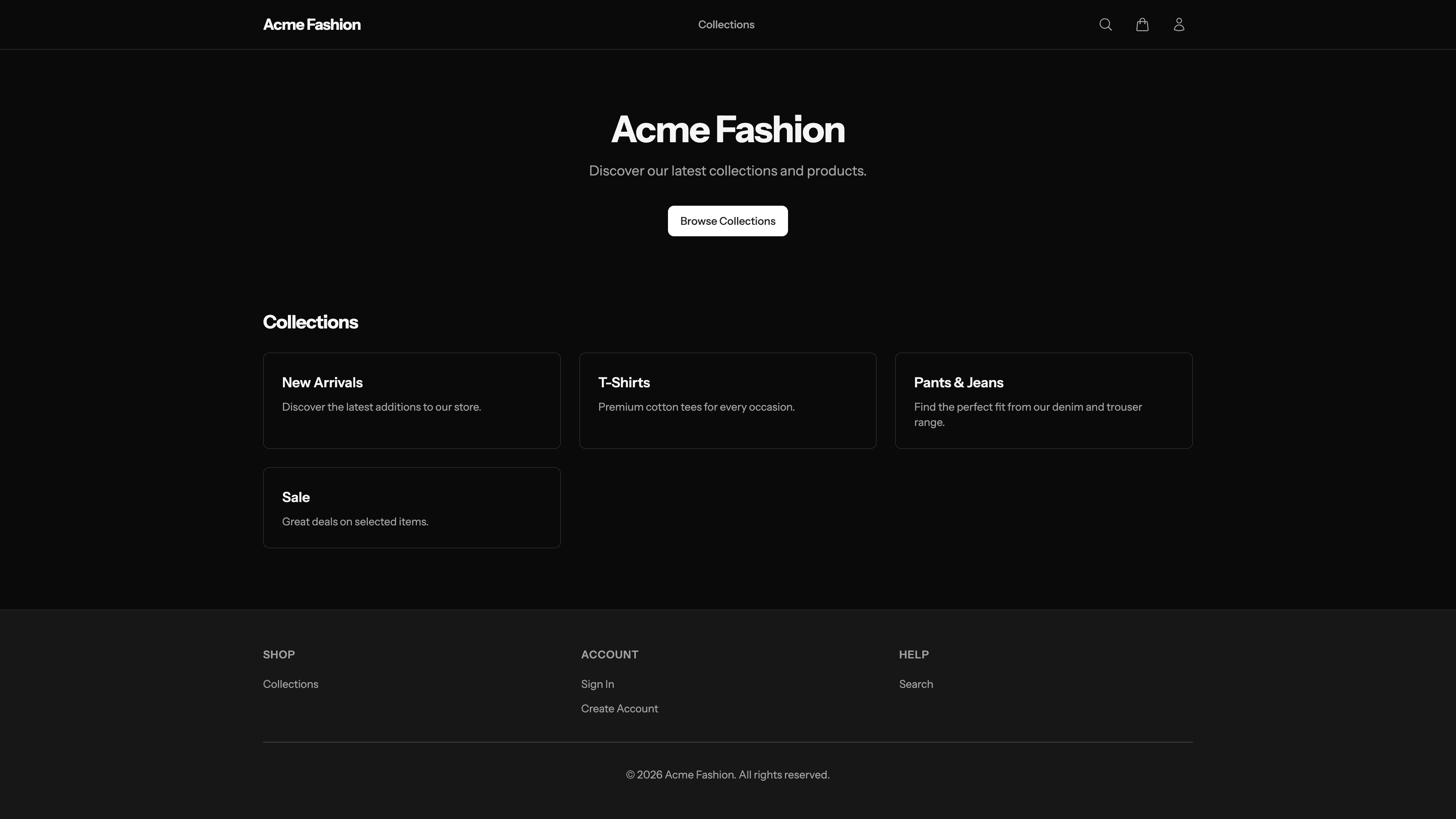 Dark-themed storefront with collections