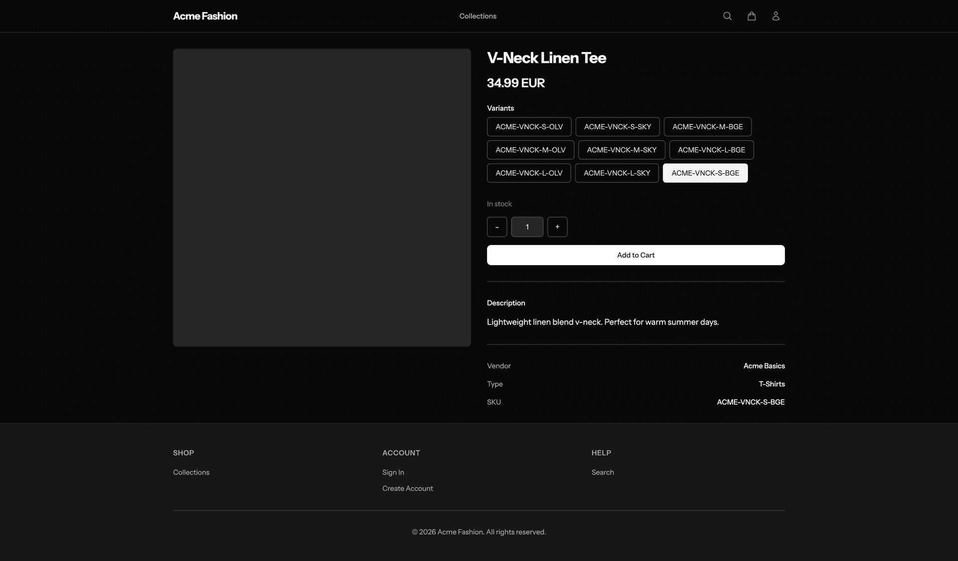 Product detail page with variant selection