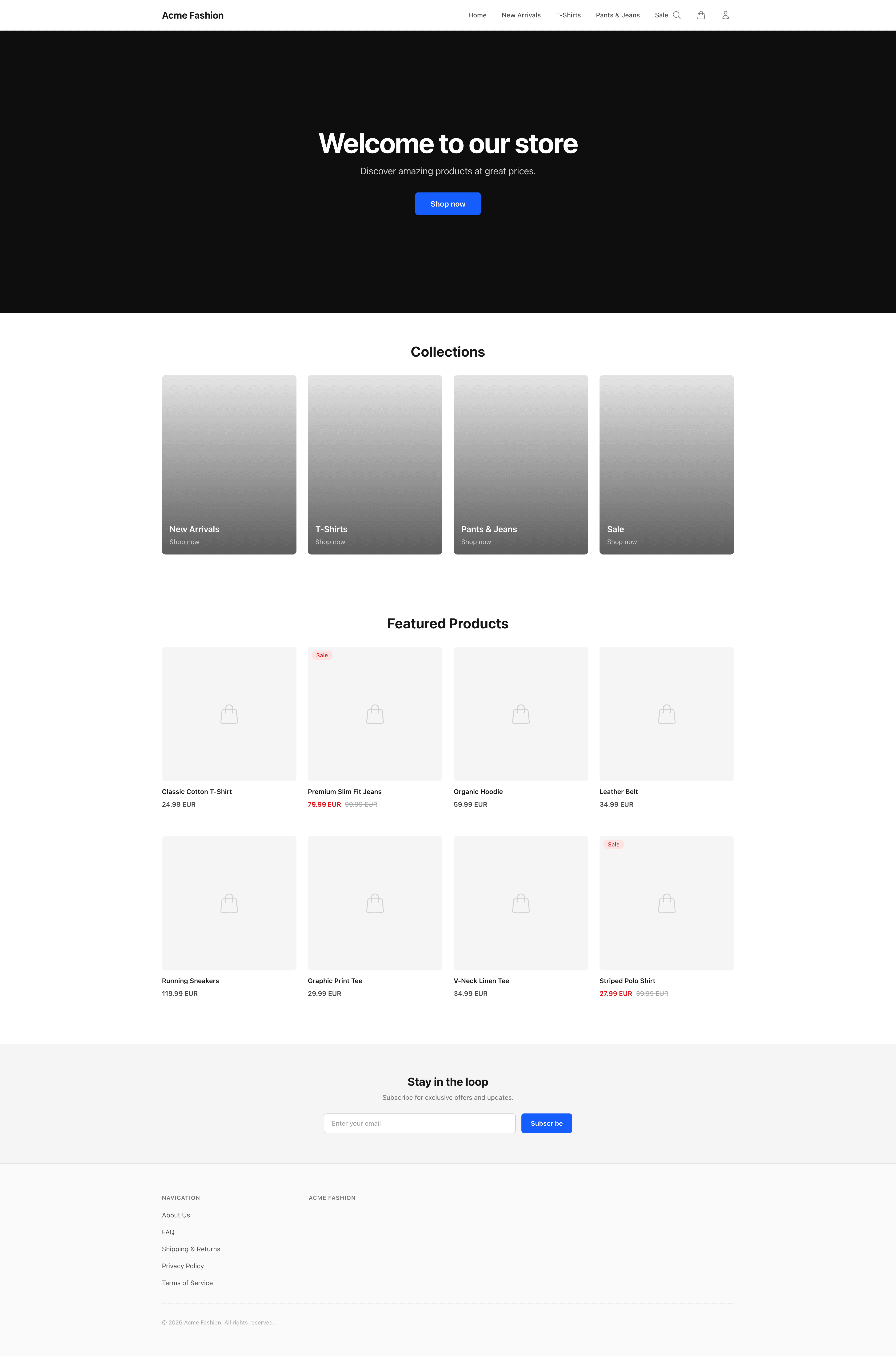 Shop homepage with collections and featured products