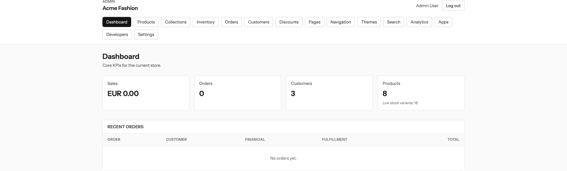 Admin dashboard with KPI cards
