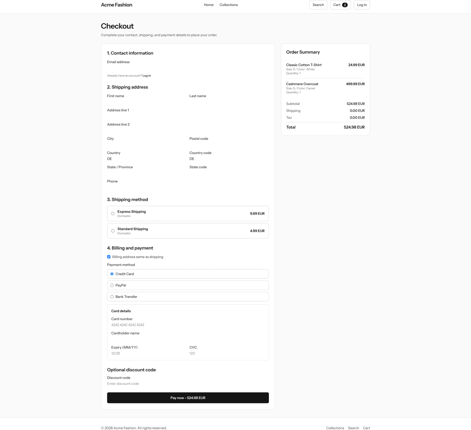 Full checkout flow with shipping and payment