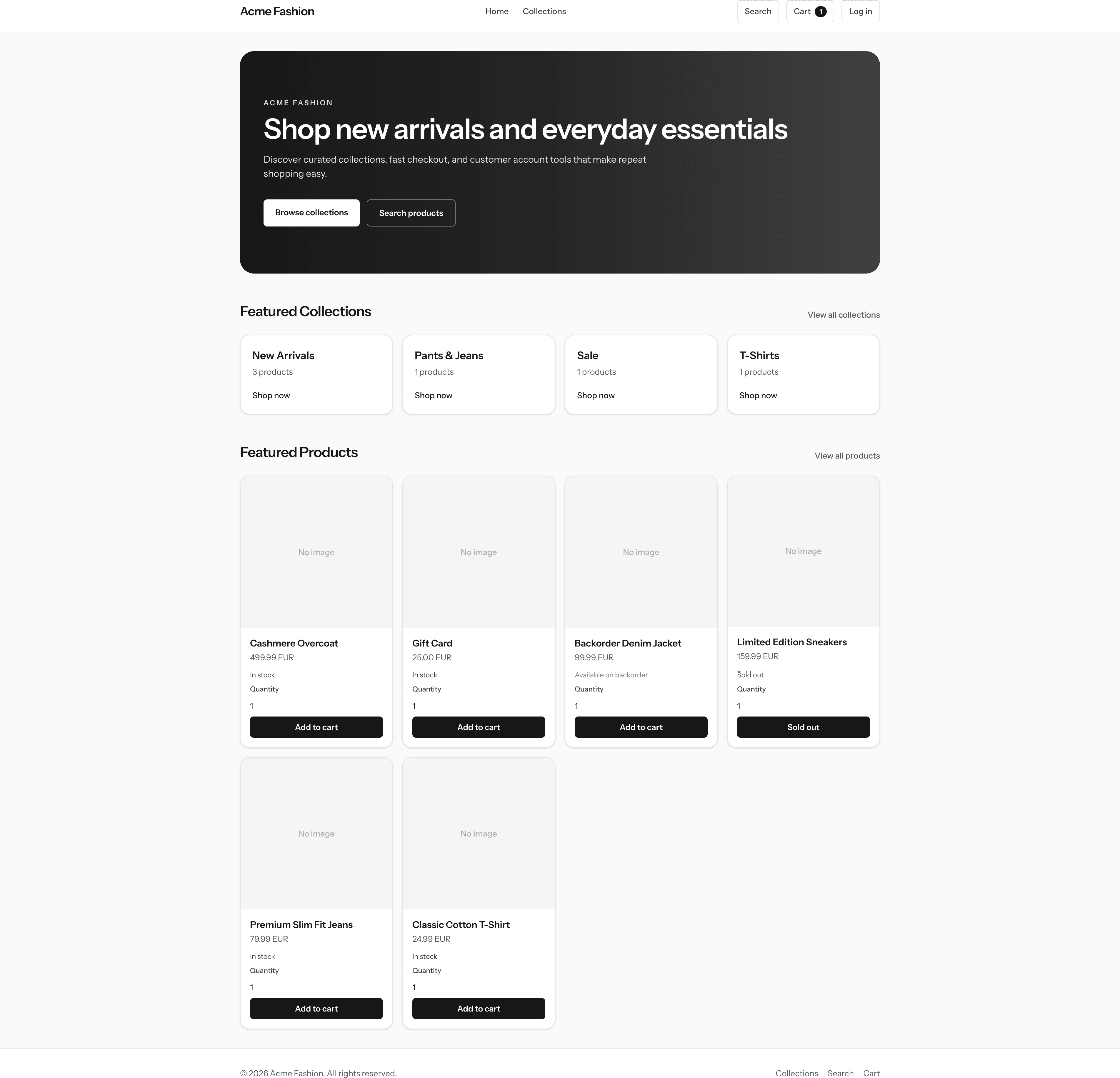 Shop homepage with hero, collections, and product grid