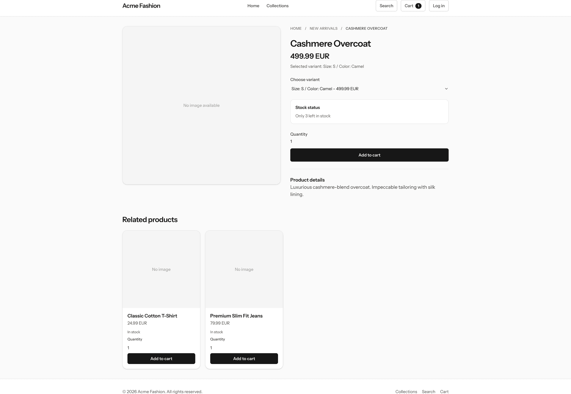 Product detail page with variant selector