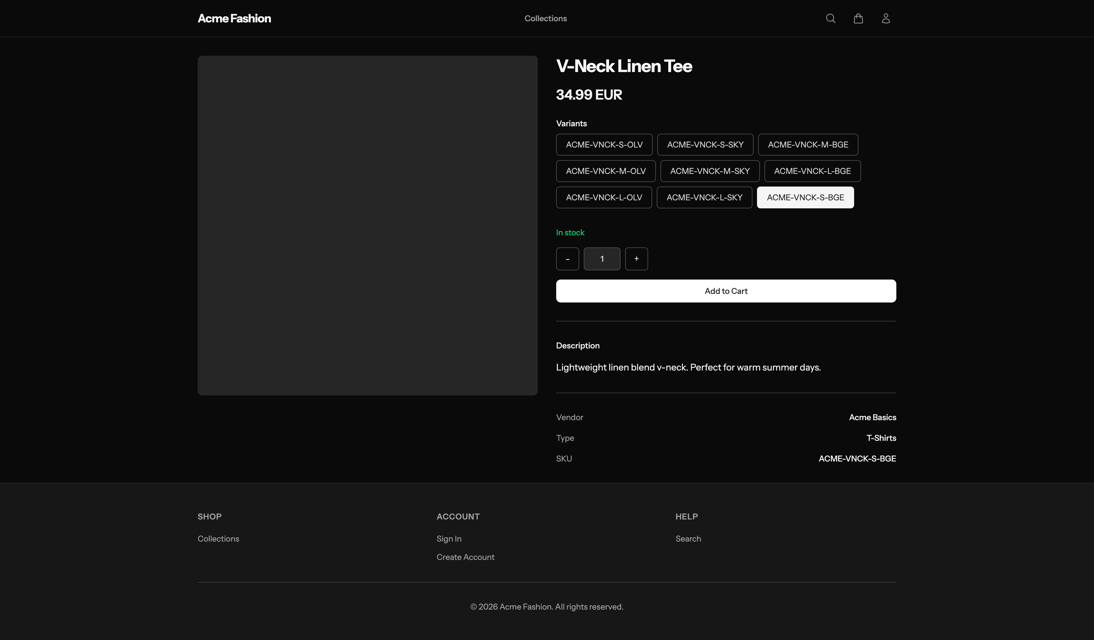 Product detail page with variant selection